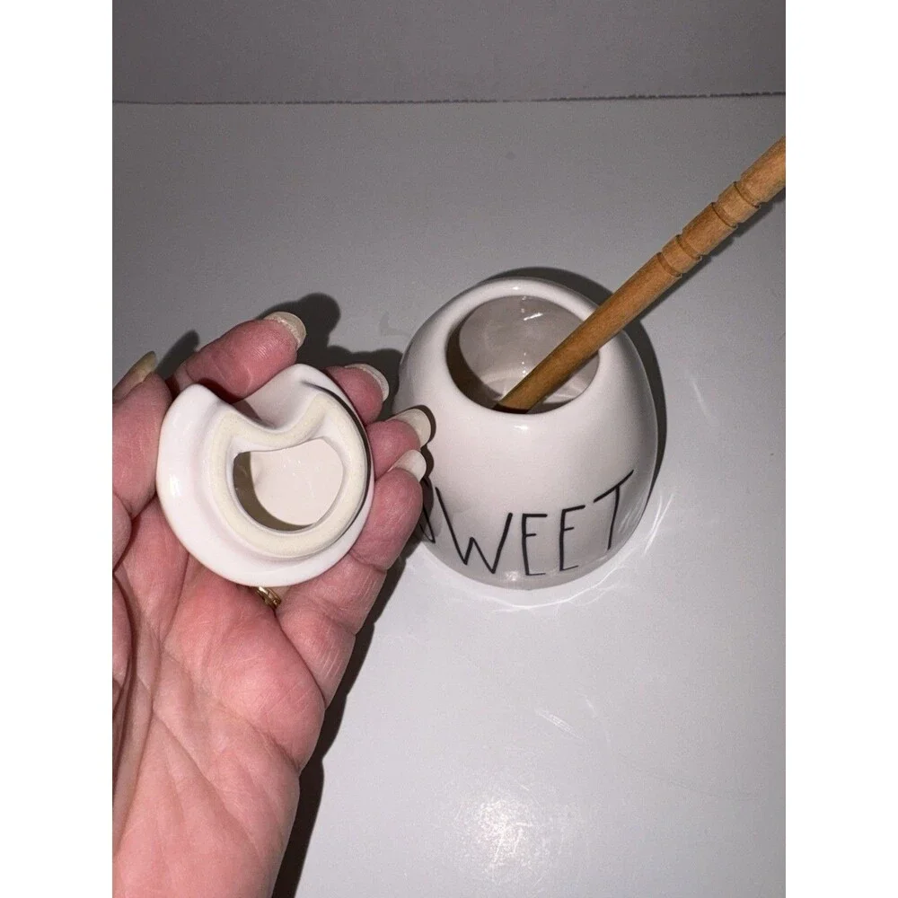 Rae Dunn Honey Pot with Bee Lid & Wooden Dipper Artisan Collection by Magenta 5”